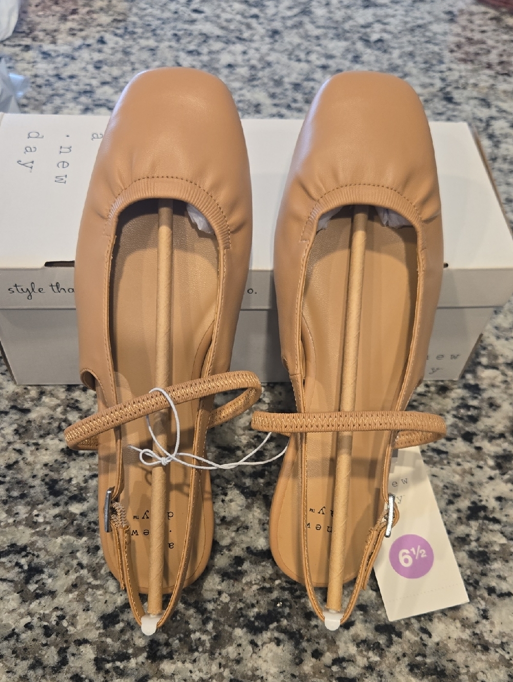 Neutral Tan Square-Toe Slingback Flats with Elastic Strap